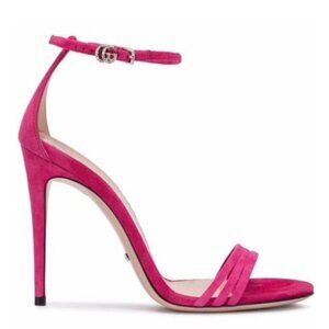 Gucci Suede Leather Crystal Logo Embellishments Sandals Heels Pink Sz 36.5 / 6.5